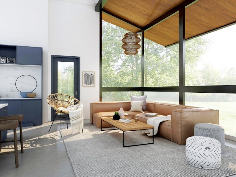 A modern open-plan interior with a feature staircase